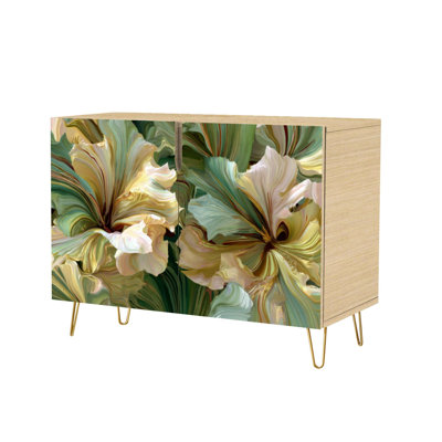 Sideboard Buffet Cabinet with Storage Abstract Botanical Art Green Olive Tones with 2 Doors for Living Room and Kitchen