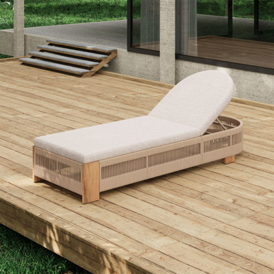 Méridienne d'extérieur, chaise de piscine en bois d'acacia avec dossier et coussin réglables, chaise longue d'extérieur pour plage, cour ou bord de piscine (corde beige)