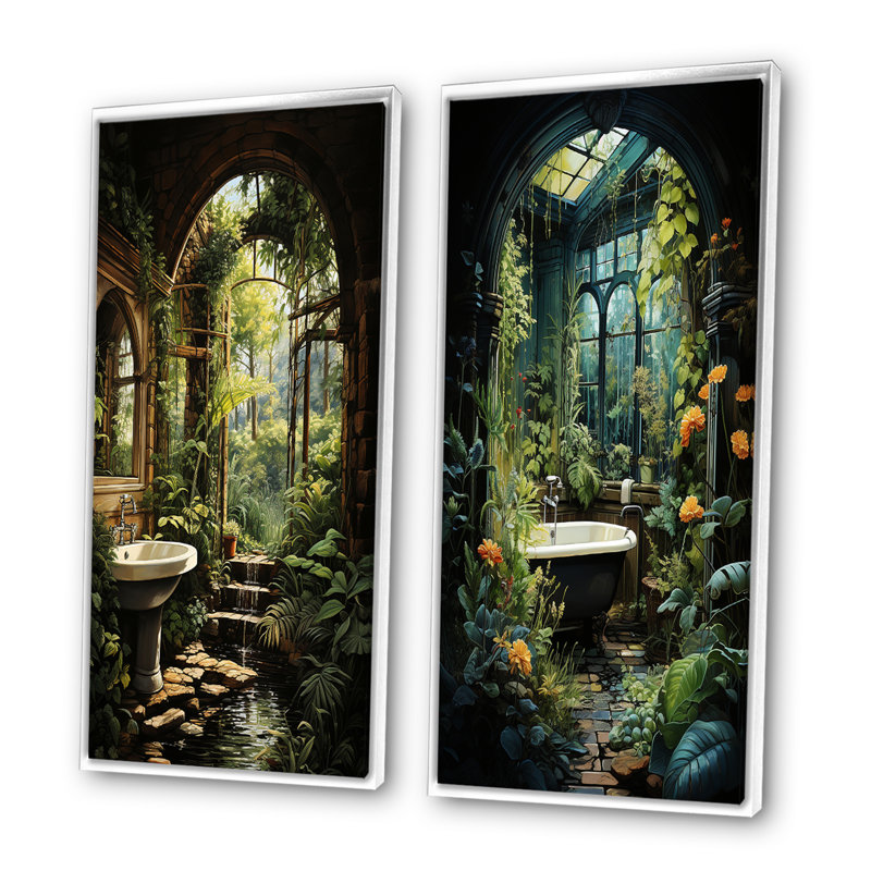 «Bathroom Natures Retreat», 2 pièces sur toile, Cadre blanc, H 40 po x l 40 po