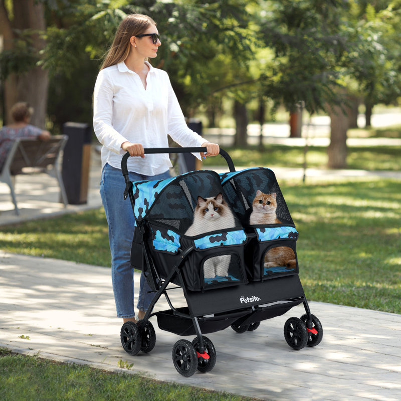 Double Pet Stroller w/ 2-seater Carrier Adjustable Sunshade Removable Pad Navy Blue, Navy Blue