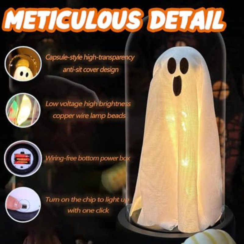 Décoration d'Halloween fantôme - fantôme illuminé dans une cloche en verre avec base, jolie décoration d'Halloween pour table, tablette, foyer - Spooky Room Decor