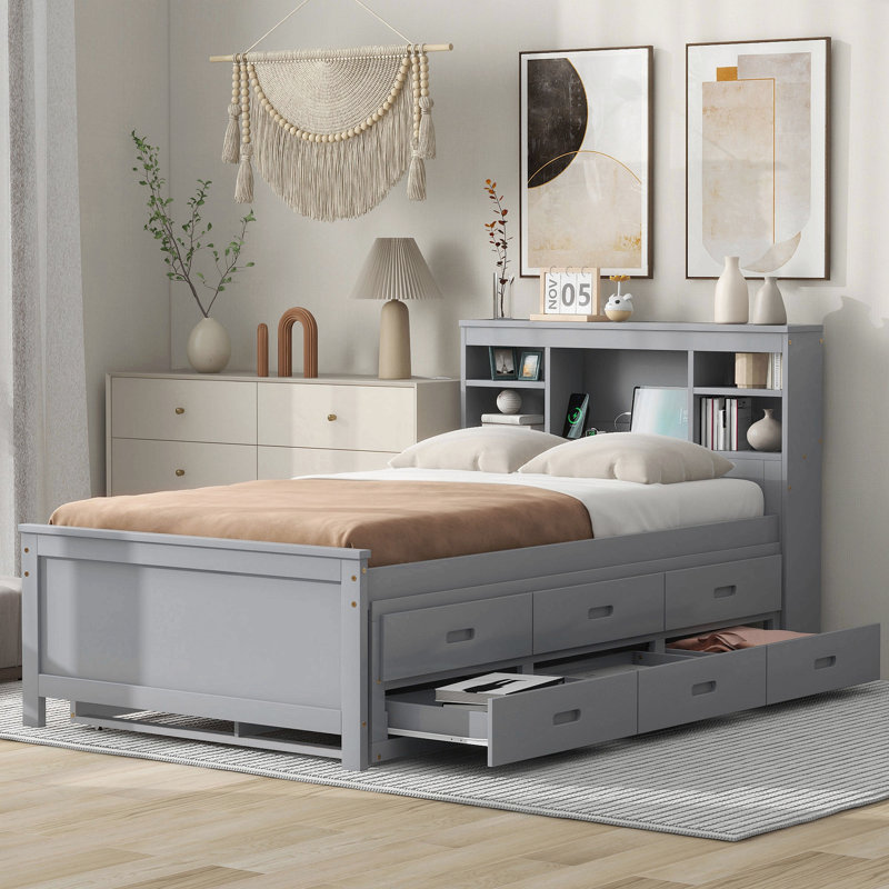 Lit plateforme simple avec tête de lit, USB, lit gigogne simple et 3 tiroirs, Gris
