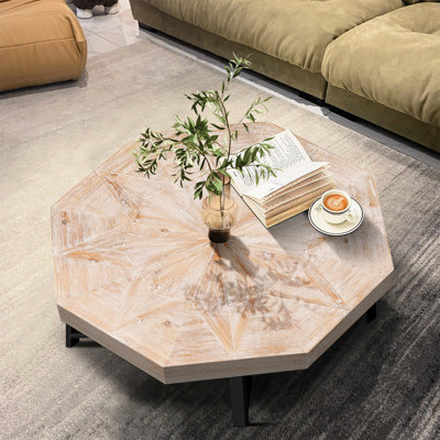 Table basse octogonale avec assemblage rétro, 76 cm (30 pouces), dessus en bois, pieds croisés en métal, trois couleurs disponibles. Détails du design disponibles.