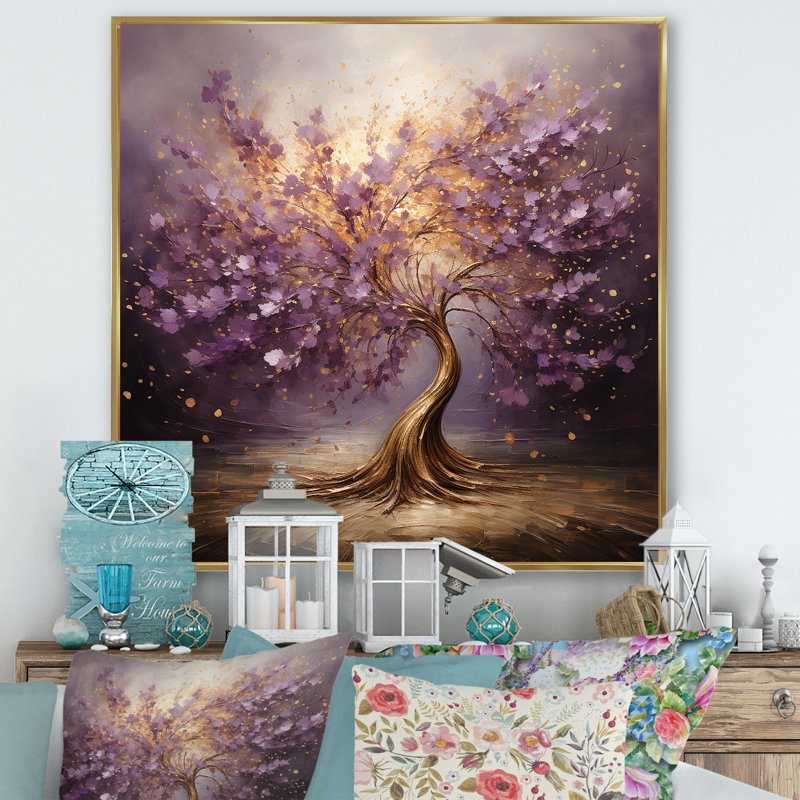 «Mauve Magictree Essence», art mural arbre, H 36 po x l 36 po, Or