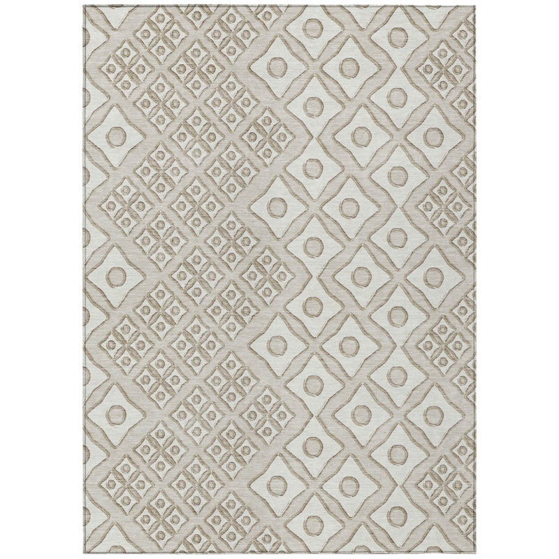 3' X 5' Beige And Ivory Geometric Washable Indoor Outdoor Area Rug