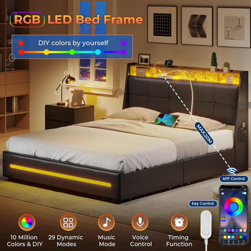 Queen Black Upholstered Bed Frame with LED Lights and Storage Drawers