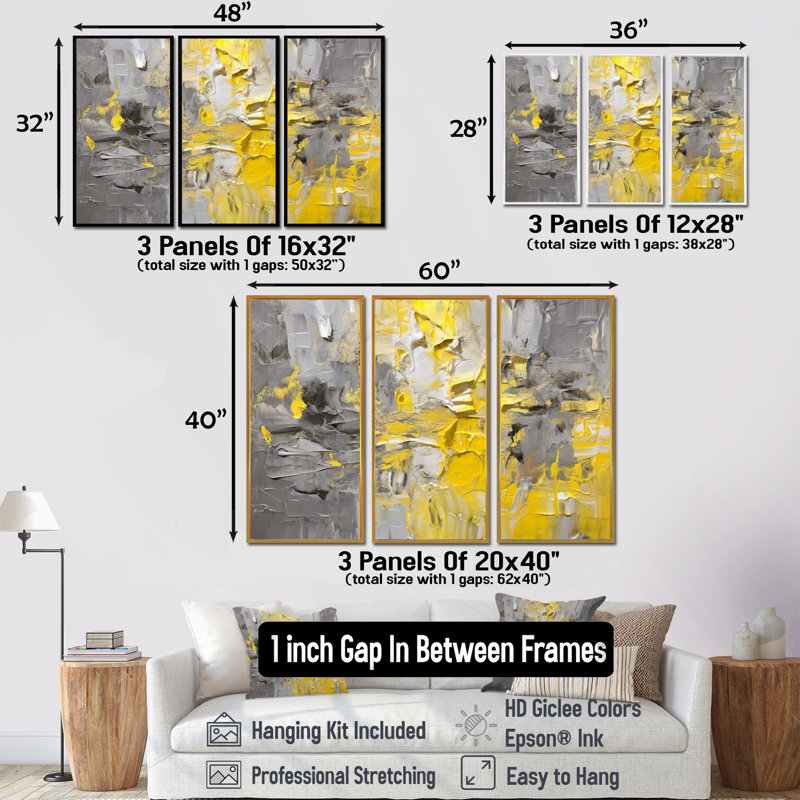 Intense réverbération jaune gris - ensemble d'art mural abstrait, Cadre flottant doré, H 32 po x l 48 po x P 1 po
