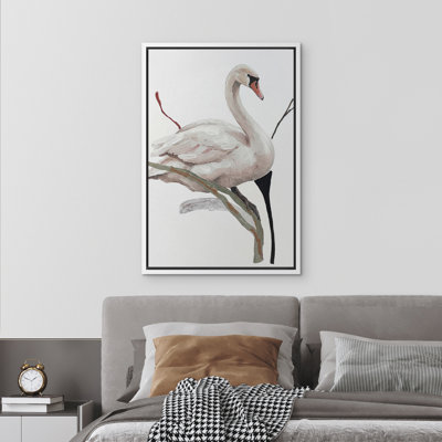 Élégant cygne blanc perché sur une branche, reproduction d'art sur toile encadrée dans la chambre principale