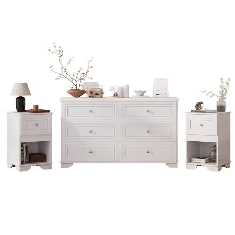 Ensemble de chambre à coucher 3 pièces, commode 6 tiroirs et deux tables de chevet avec poignées en métal, style élégant et rétro, blanc