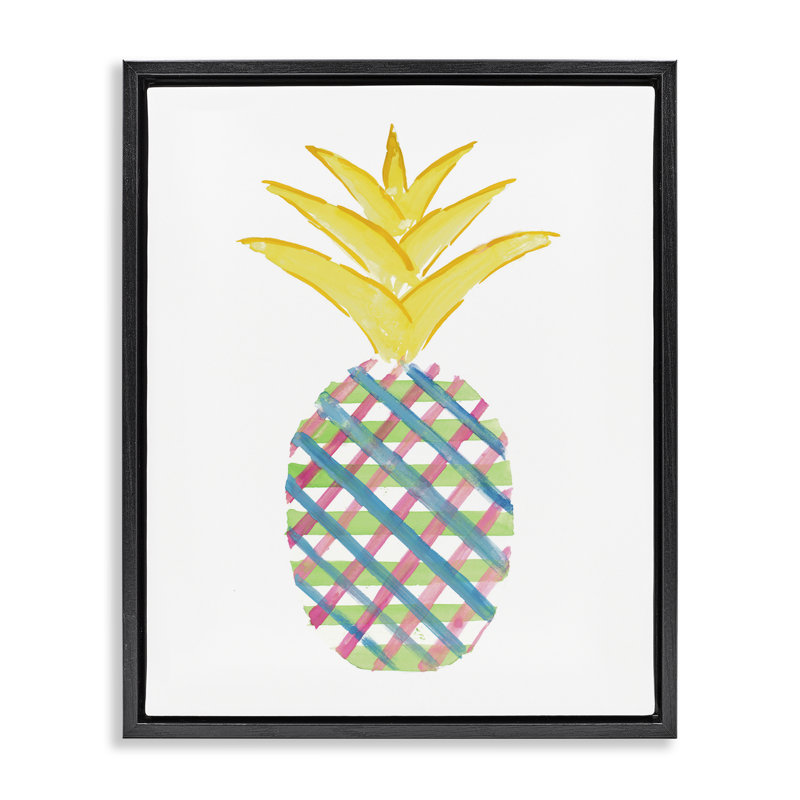 "Plaid", ananas encadré, toile flottante encadrée par Julie DeRice, Cadre flottant noir de jais, H 21 po x l 17 po