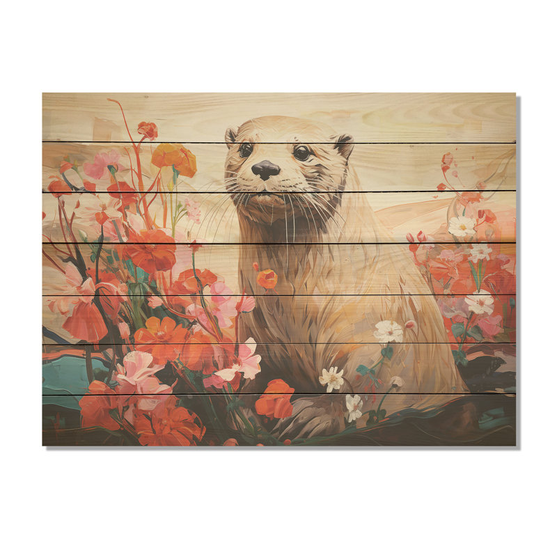 Loutre ludique en fleurs II - loutre sur bois, H 10 po x l 20 po