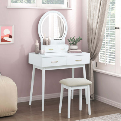 Beautiful  Finish Vanity Dresser With Mirror And Stool Set Storage Drawers Luxury Furniture 1Pc LED Mirror