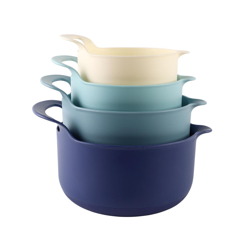 4-Piece Non-Slip Nesting Plastic Mixing Bowl Set with Pour Spouts and Handles, Ombre Blue