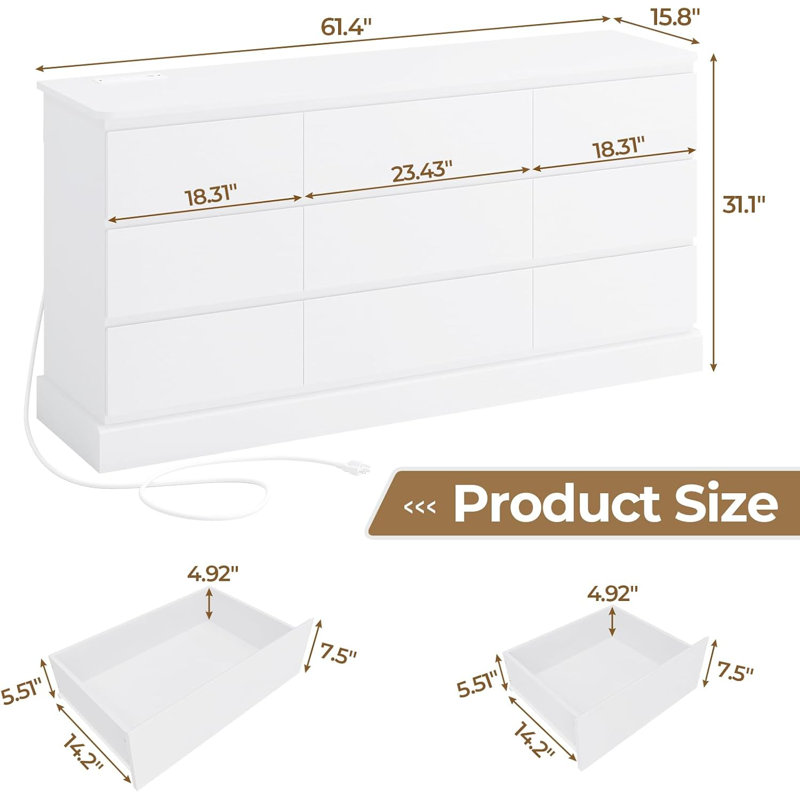 Modern Bedroom Dresser With 9 Drawers, Dresser Chest Of Drawers With Large Capacity Storage, Long Dresser, White