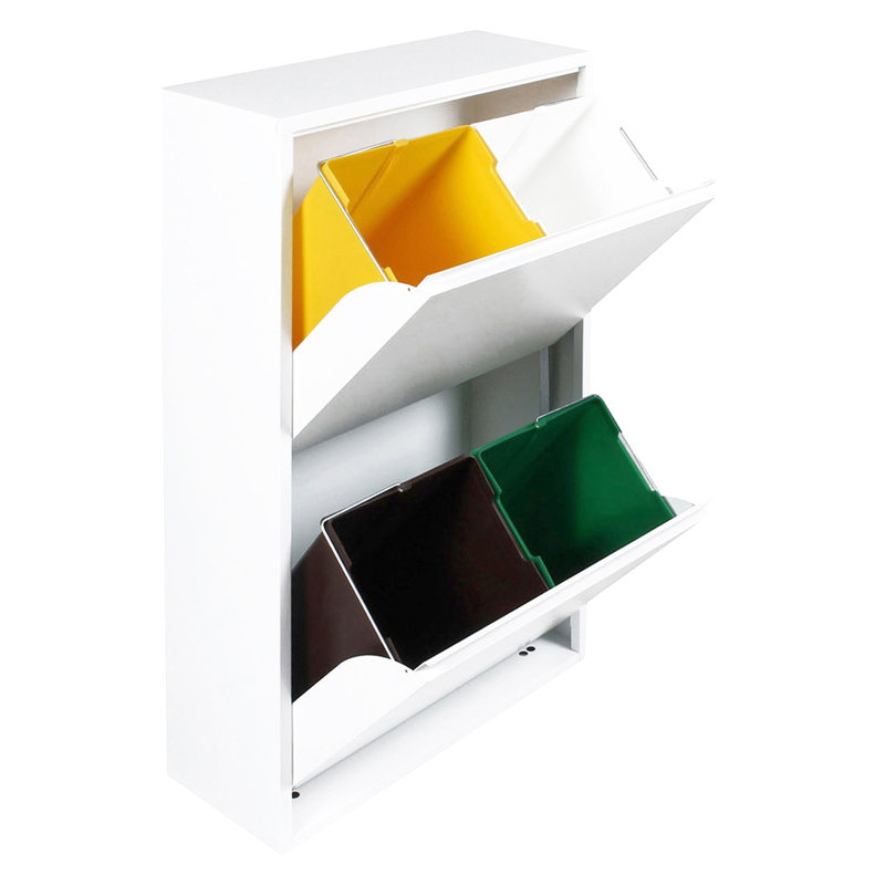 Space-Saving Waste Bin For Recycling With Four Buckets, White Color, Measurements 60 X 92 X 25 Cm