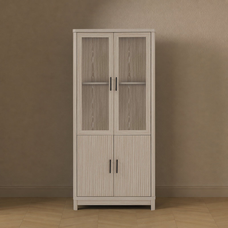 Jodie 67.6" H x 31" W Mid-Century Modern 6-Shelf Bookcase with Tempered Glass Doors in Whitewashed Oak, White Washed Oak