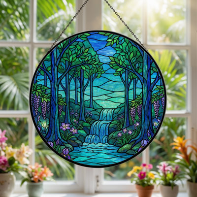 12"H Forest Stream Stained Glass Window Panel