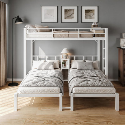 Metal Triple Bunk Bed Twin Over Twin Over Twin,3 Bunk Beds With Shelves For Kids,Teens And Adults,Heavy Duty,White