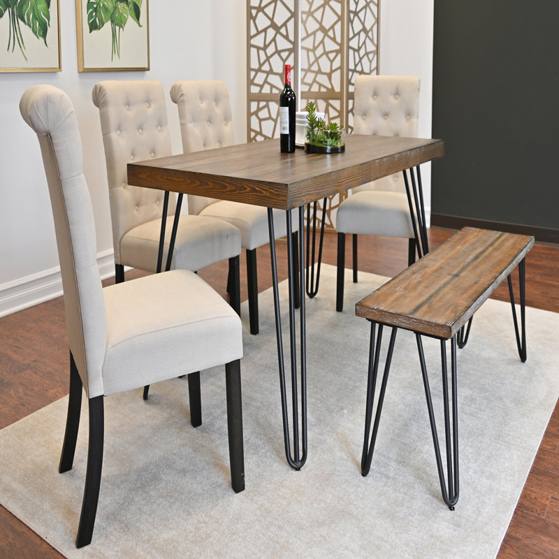 Ensemble de salle à manger 6 pièces, table à manger en épingle à cheveux avec 4 chaises et banc, Beige