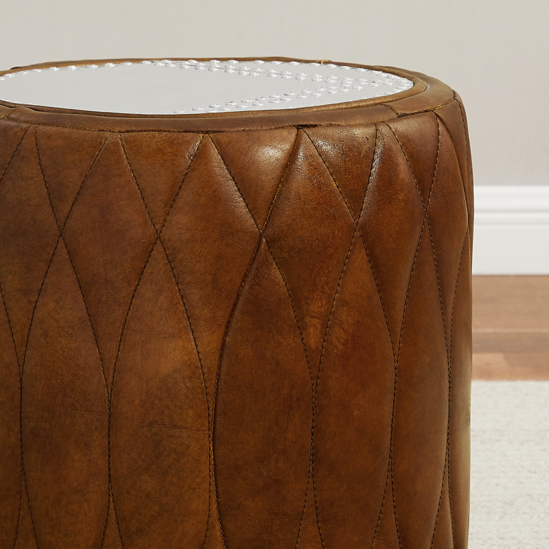 Paynesville 16.93'' W Tufted Top-Grain Leather Upholstered Round Ottoman Pouf, Cognac