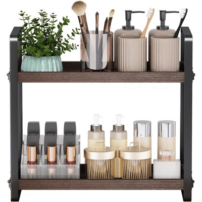Organisateur de comptoir de salle de bain à 2 niveaux - Tablette de rangement de comptoir en bois massif avec patins antidérapants, organisateur de maquillage polyvalent et plateau de meuble-lavabo pour salle de bain, bureau, cuisine et salon