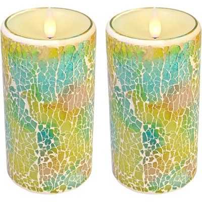 Bougies de pilier sans flamme en verre mosaïque scintillantes avec minuterie à distance, bougies en cire à flamme en mouvement 3D à DEL à piles, télécommande incluse, ensemble 2 (dégradé menthe)