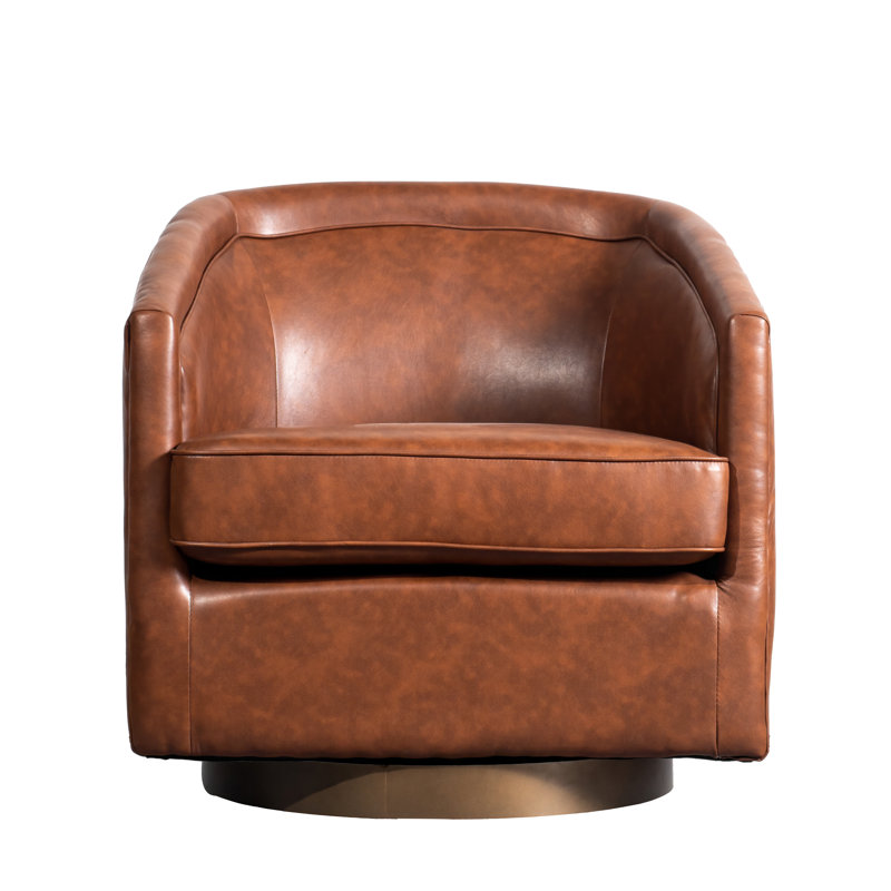 Traditional Club Style Upholstered Accent Chair with 360° Swivel Metal Base, Brown Faux Leather, Gold