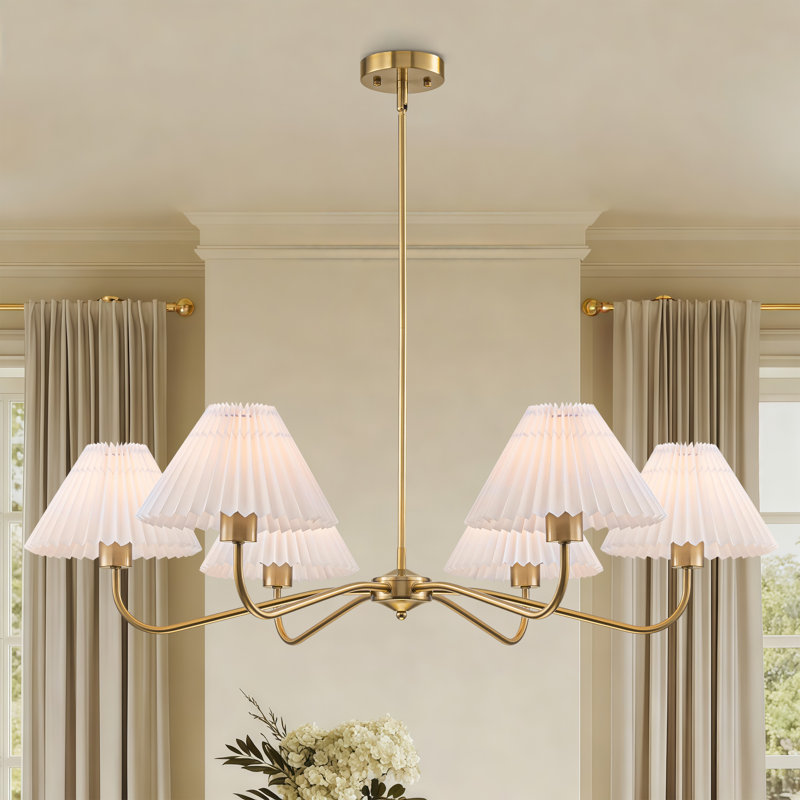 6-Light Chandelier with Pleated Fabric Shades and PVC Lining, Gold