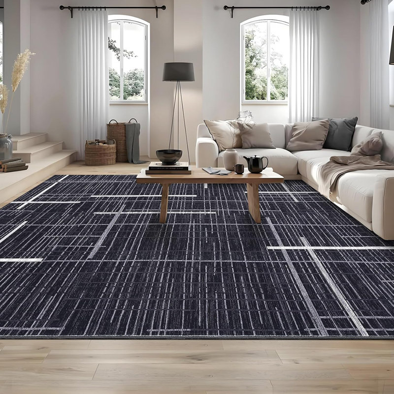 Tapis d'intérieur lavable 2 x 6 po, lignes modernes entrelacées, à poils courts, résistant aux taches, antidérapant pour le salon, la chambre à coucher, la cuisine, beige