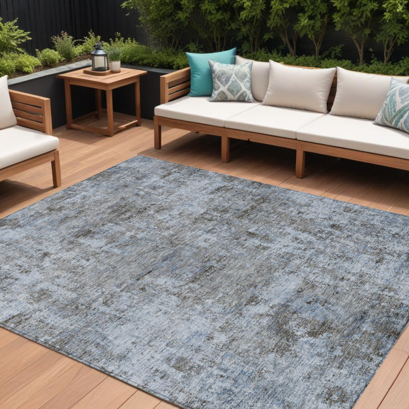 Tapis extérieur lavable abstrait bleu et taupe 9 pi x 12 pi