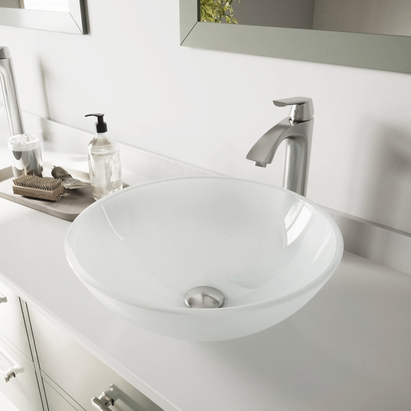 Giovanni 17" L x 17" W x 6" H Round Glass Vessel Bathroom Sink with 12" H Faucet, White Frost, Brushed Nickel