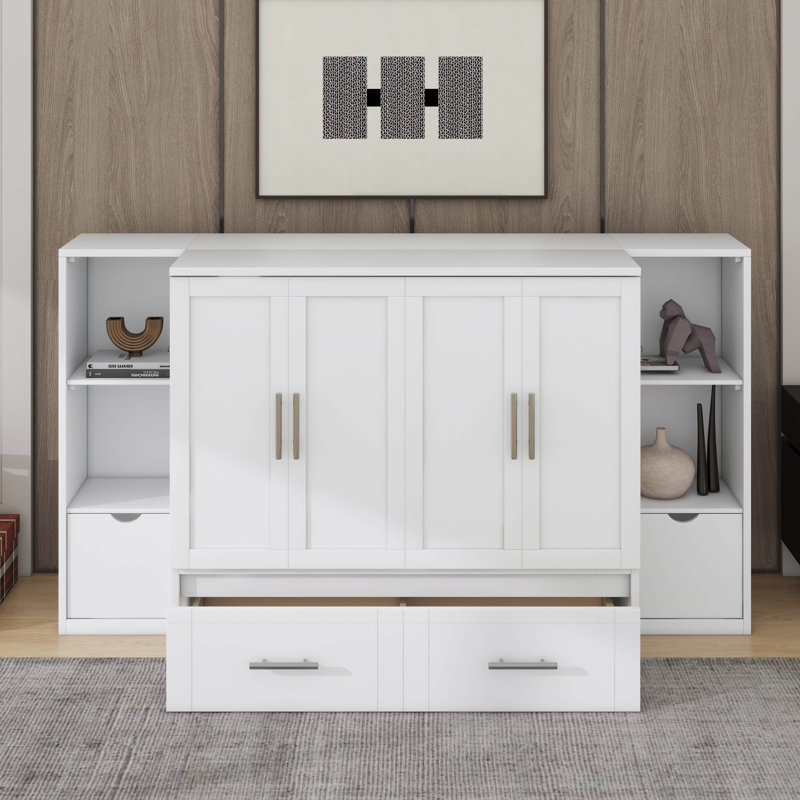 Grand lit escamotable avec tablettes, tiroirs et port USB, Blanc