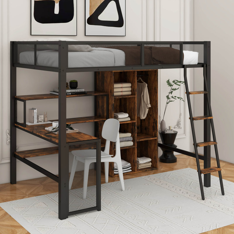 Lit mezzanine double en métal avec bureau
