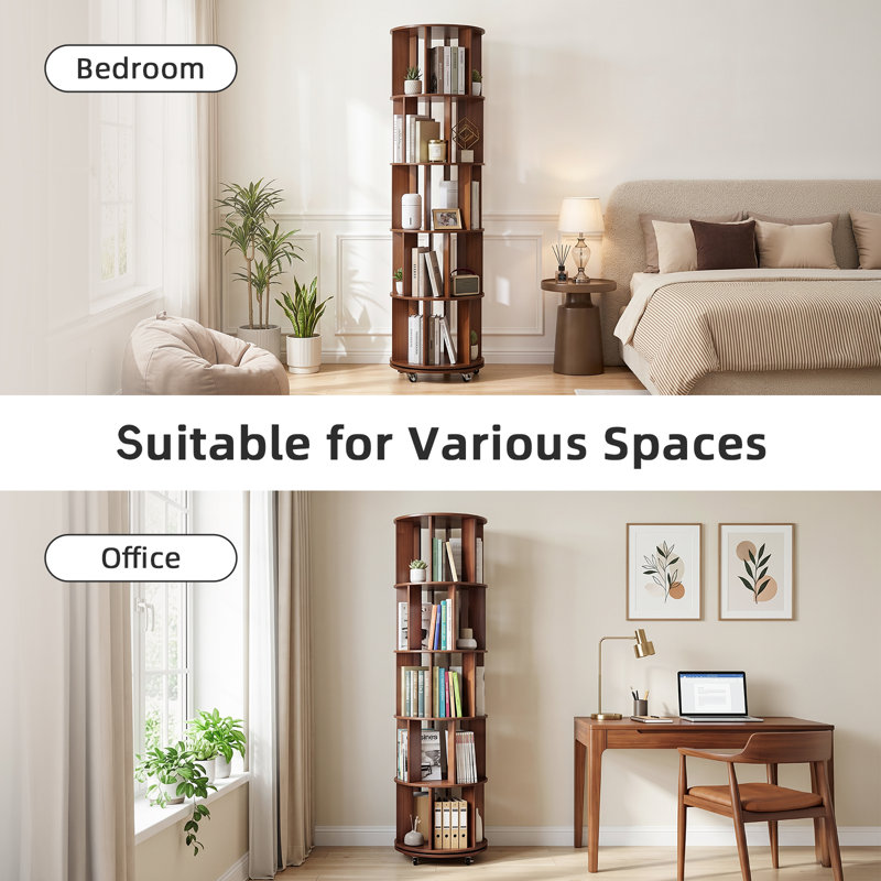 Étagère pivotante à 5 niveaux en bois d'hévéa massif avec roulettes verrouillables, tablette de rangement verticale étroite pour salon, chambre ou bureau