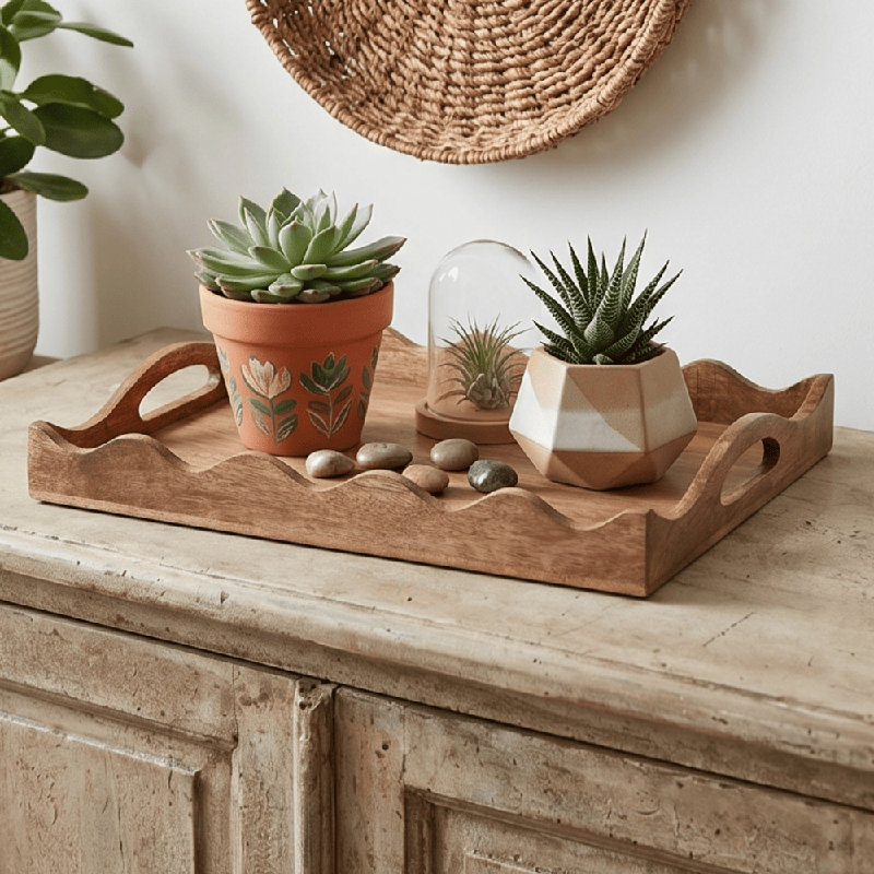  Plateau de service en bois fabriqué à la main avec bordure festonnée