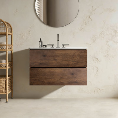 Meuble-lavabo mural en noyer de 30 po avec lavabo en céramique avec trois trous de robinet, grand meuble-lavabo flottant de rangement pour salle de bain moderne, lavabo une pièce sans drain, pré-assemblé