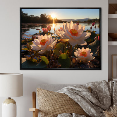 Champ de lotus blanc et jaune avec coucher de soleil, reproduction sur toile