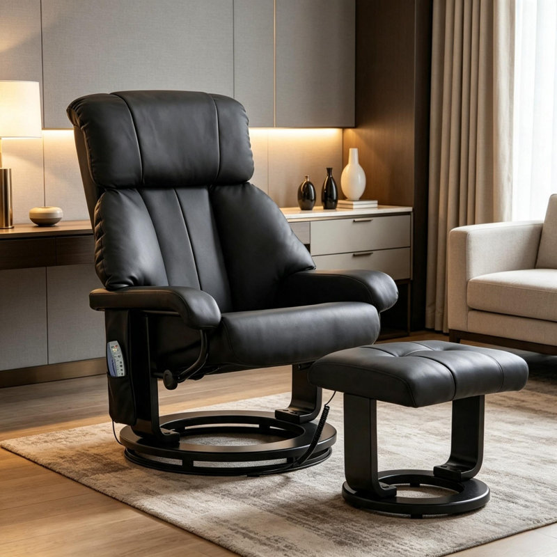 Fauteuils inclinables modernes avec repose-pieds, fauteuil de massage pivotant en cuir PU et bois pour la maison, Noir