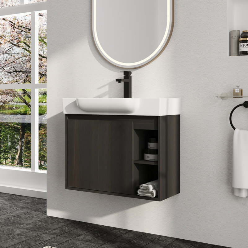 Meuble-lavabo simple Marnar 28 po avec comptoir en céramique, meuble-lavabo mural avec lavabo en céramique, Noir, 28"