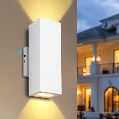 Modern Dusk To Dawn Led Outdoor Wall Light, Aluminum Rectangular Waterproof Wall Sconce Porch Light With Up Down Light And Tempered Glass 12W 2700K Wall Sconce