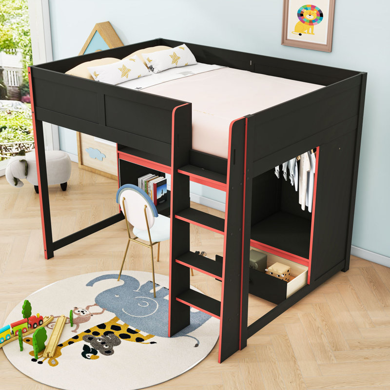 Lit mezzanine en bois avec bureau, garde-robe, DEL et tiroir, Complète