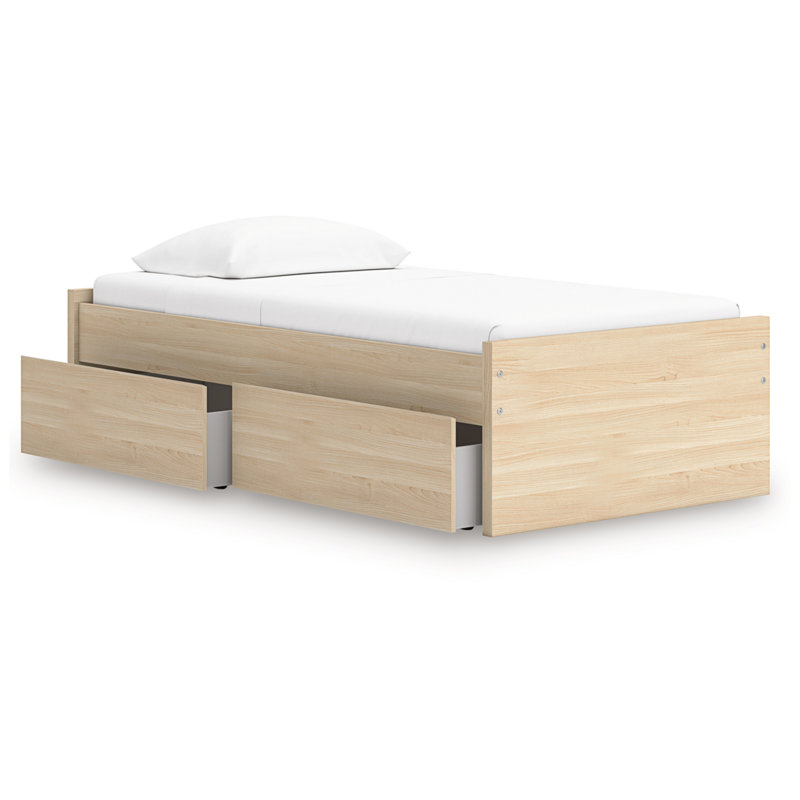 Lit plateforme simple Onita avec 1 rangement latéral, Beige, Lit simple