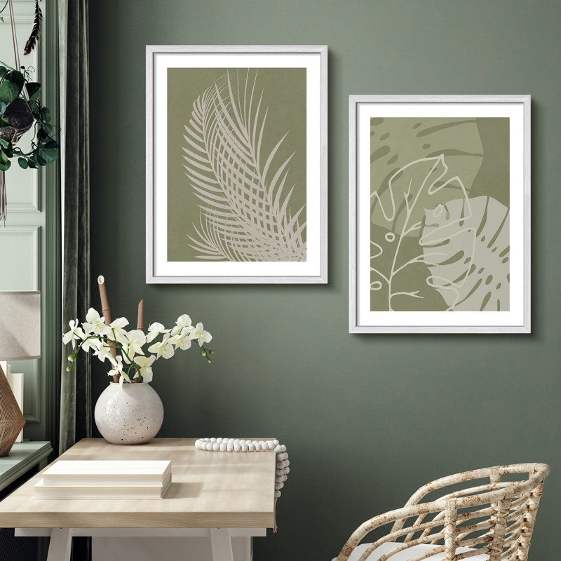 "Green Monstera", feuille de palmier vert, Blanc / Blanc, H 14 po x l 11 po