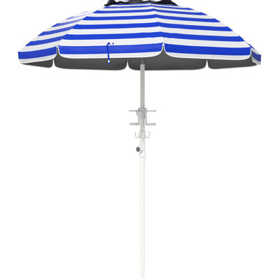 Parasol portatif, hauteur et inclinaison réglables, bouclier 40+, 2 crochets pour porte-gobelets, toit à rayures bleues blanches avec fonction et hauteur, toit, hauteur ventilée réglable