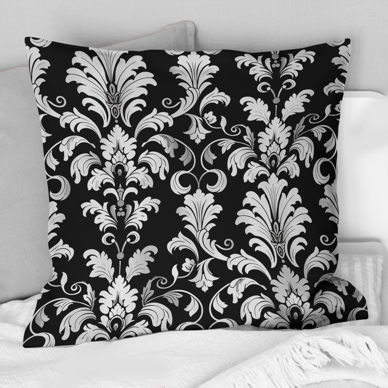 Coussin décoratif noir et blanc damassé Glamour III, H 16 po x l 16 po