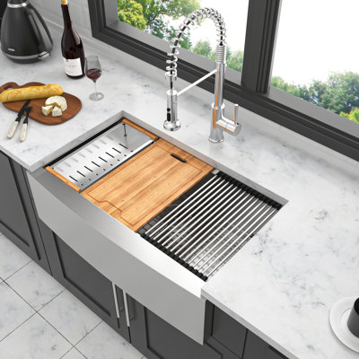 Station de travail d'évier de cuisine en acier inoxydable 30 - calibre 16, nickel brossé, fabriqué à la main, surface lisse, bon drainage, avec planche à découper, support à roulettes, grille de rinçage, passoire, pinces, crépine,