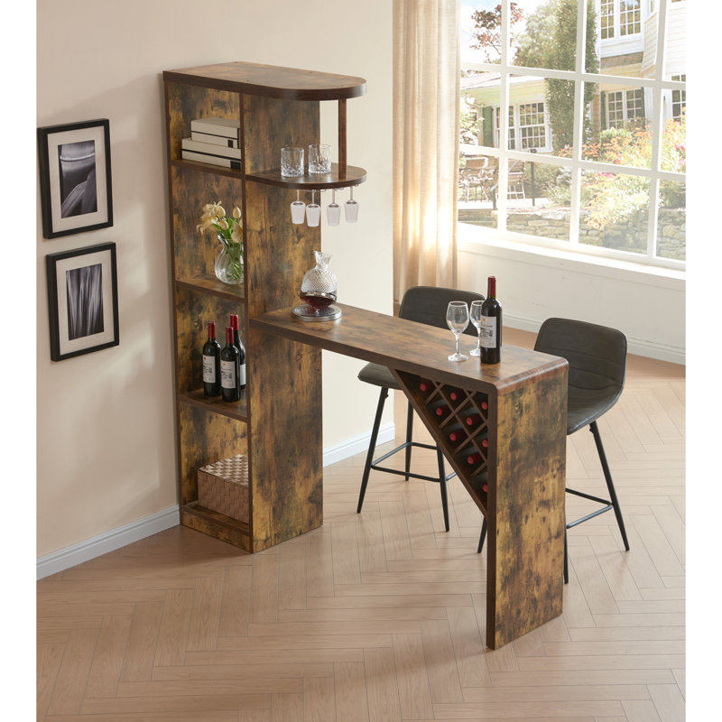 Rustic Brown Bar Table With Attached Wine Cabinet, 9-bottle Storage, And Metal Wine Glass Rack | Distressed Wood Finish | Gift Idea