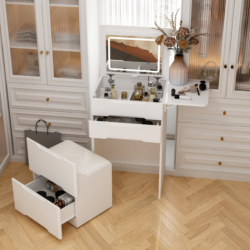 Tiroir de placard blanc avec miroir lumineux et tabouret
