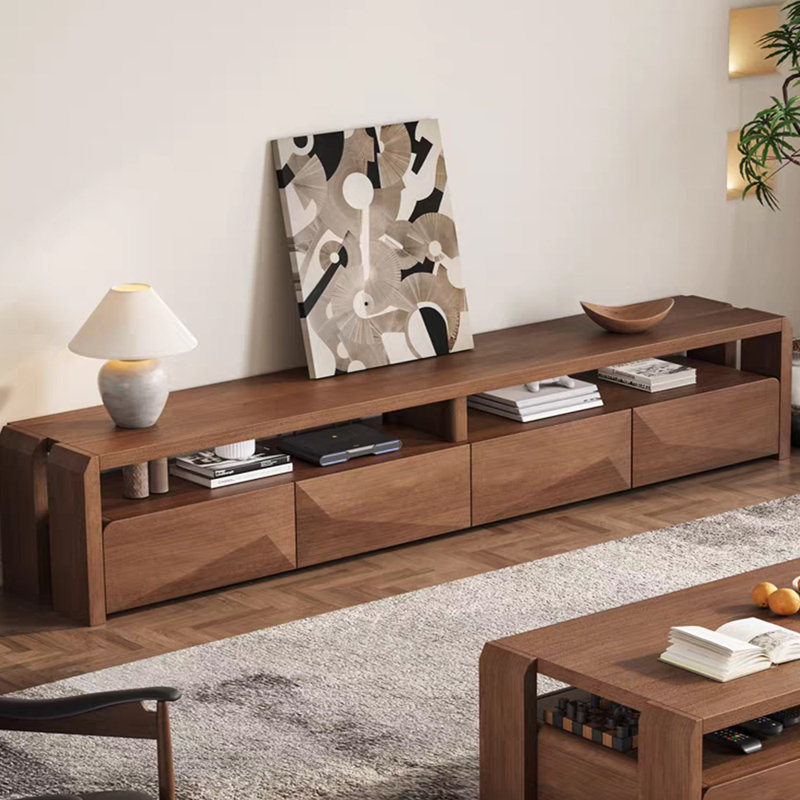 Meuble télé rétro en bois massif noyer clair, H 17,12 po x L 97,63 po x l 15,74 po