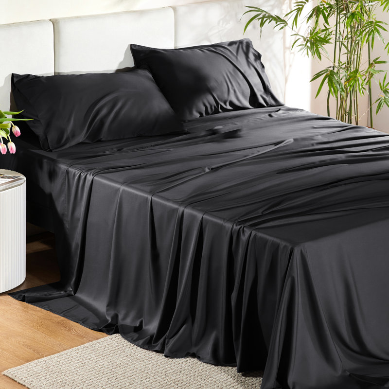 Essential Collection Cooling Rayon Derived from Bamboo Sheet Set, Black, Twin XL Sheet Set with 1 Pillowcase